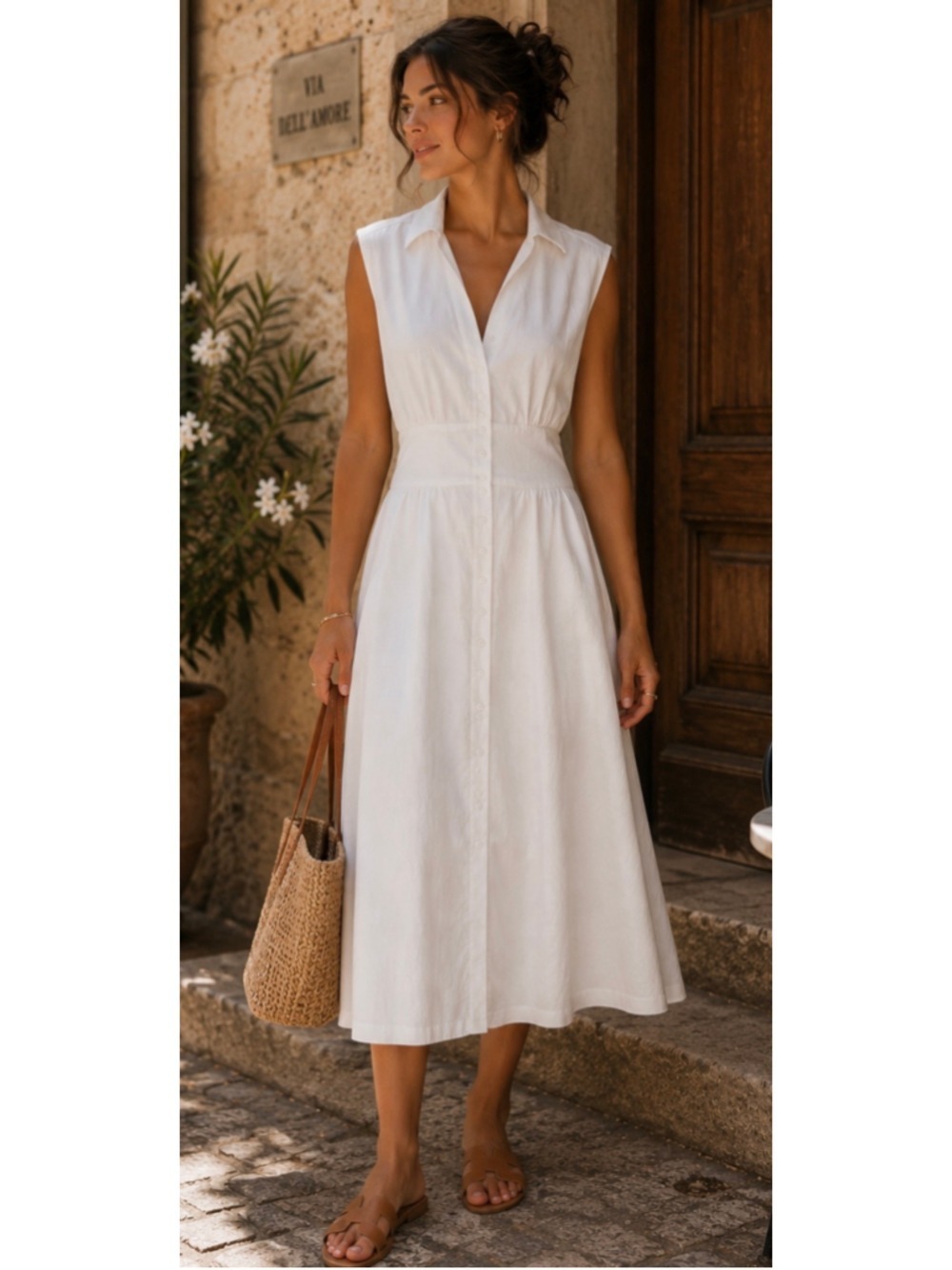 ba&sh White Sleeveless Button-Front Midi Dress L Classic Chic Quiet Luxury